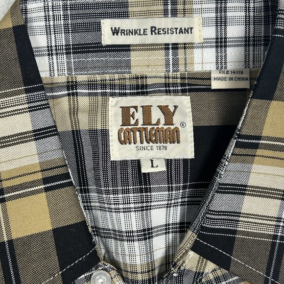 Ely Cattleman Shirt Mens L Plaid Pearl Snap Western Cowboy Wrinkle Resistant - Picture 4 of 13